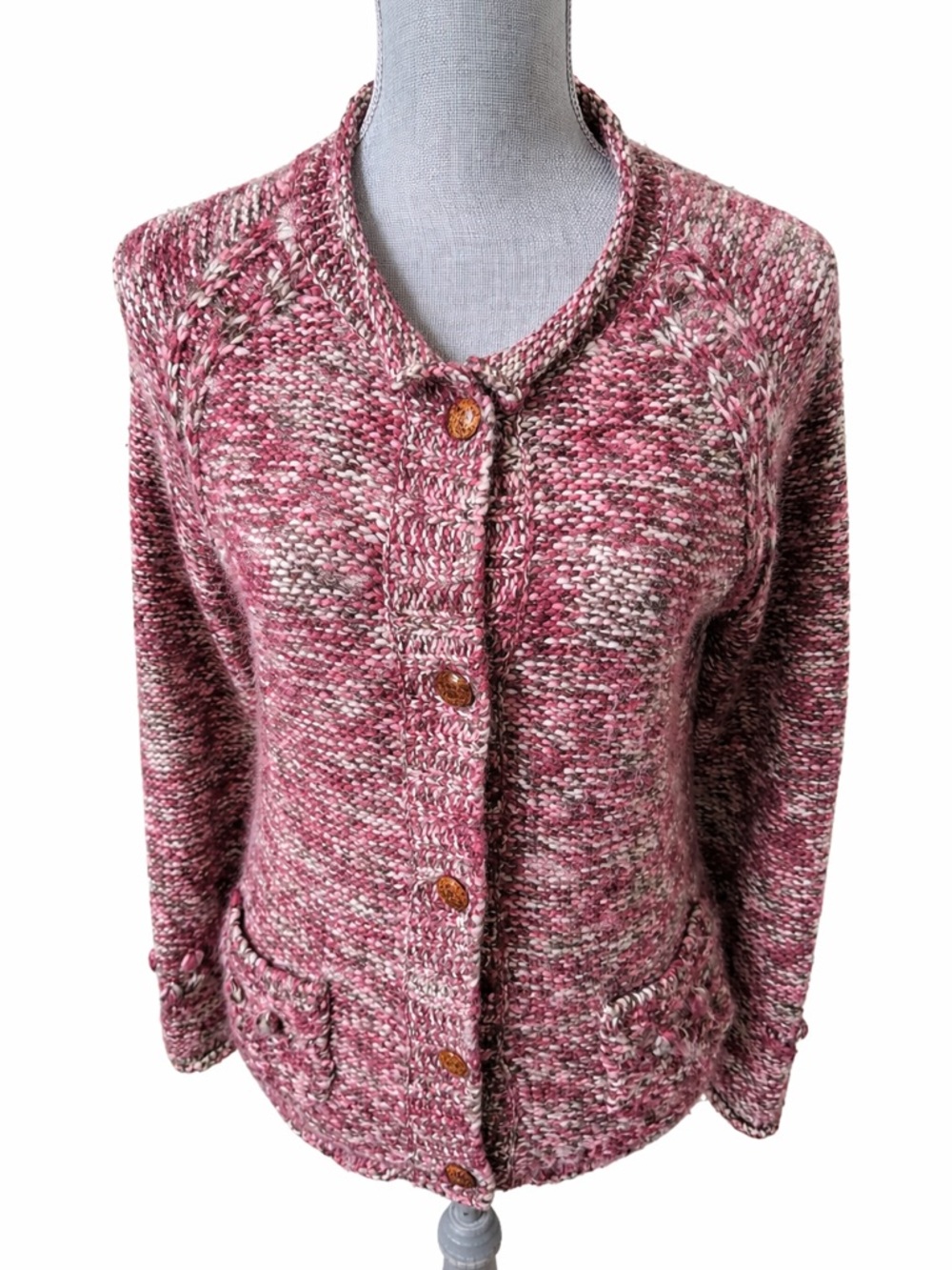 Columbia Marled Wool Blend Button Front Cardigan Sweater Women’s M Pink Brown